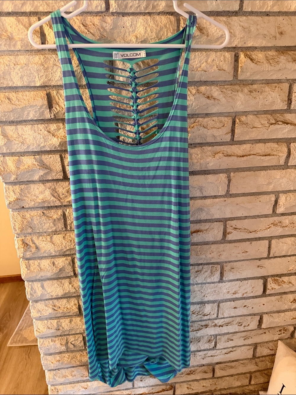 Volcom Teal and Navy Striped Ladder-Back Tank Dress